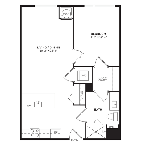 Floor plan for 1 bed, 1 bath, 653 sqft